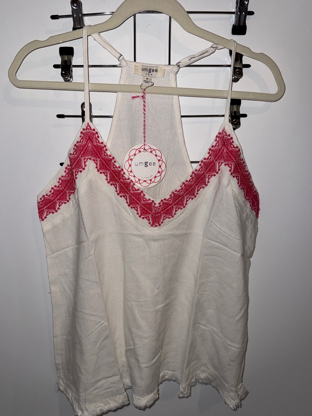 Umgee Women’s Cream Tank Top with Pink Embroidered V-Neck